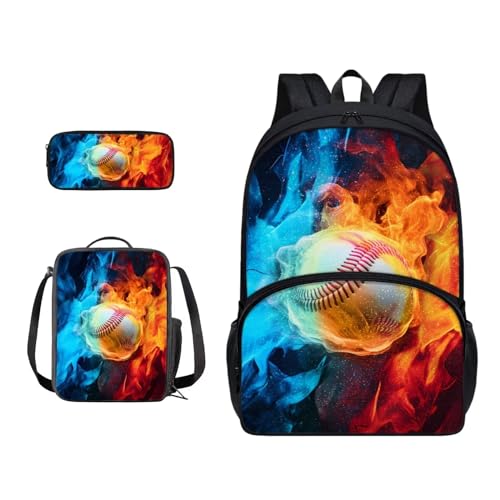 Xoenoiee 3-teiliges Rucksack-Set für Jungen und Mädchen, mit Lunchtasche und Federmäppchen, Schulrucksack-Set für Teenager, Studenten, Feuer-Baseball in Rot und Blau von Xoenoiee