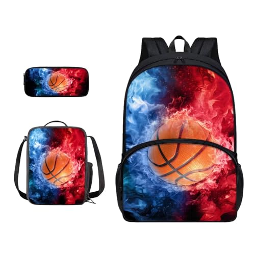 Xoenoiee 3-teiliges Rucksack-Set für Jungen und Mädchen, mit Lunchtasche und Federmäppchen, Schulrucksack-Set für Teenager, Studenten, Feuer-Basketball in Rot und Blau von Xoenoiee