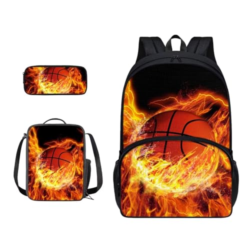 Xoenoiee 3-teiliges Rucksack-Set für Jungen und Mädchen, mit Lunchtasche und Federmäppchen, Schulrucksack-Set für Teenager, Studenten, Feuer-Basketball von Xoenoiee