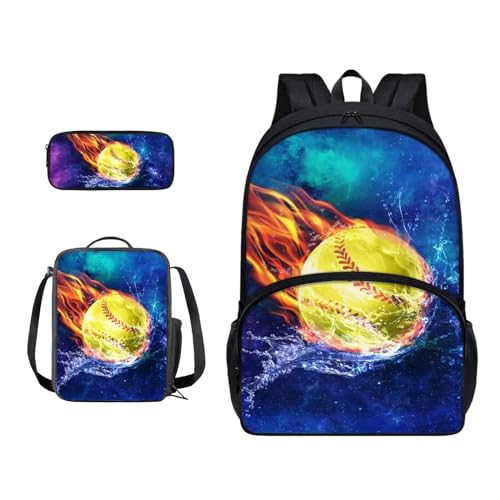 Xoenoiee 3-teiliges Rucksack-Set für Jungen und Mädchen, mit Lunchtasche und Federmäppchen, Schulrucksack-Set für Teenager, Studenten, Feuerwasser-Softball von Xoenoiee