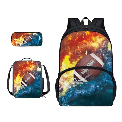 Xoenoiee 3-teiliges Rucksack-Set für Jungen und Mädchen, mit Lunchtasche und Federmäppchen, Schulrucksack-Set für Teenager, Studenten, Feuerwasserspritzer American Football von Xoenoiee