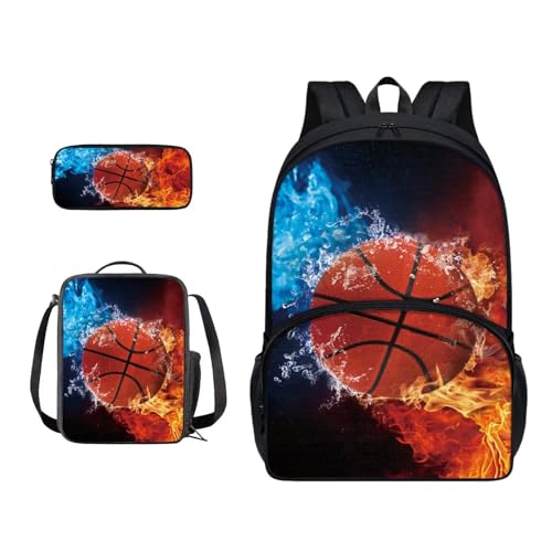 Xoenoiee 3-teiliges Rucksack-Set für Jungen und Mädchen, mit Lunchtasche und Federmäppchen, Schulrucksack-Set für Teenager, Studenten, Feuerwasserspritzer Basketball von Xoenoiee