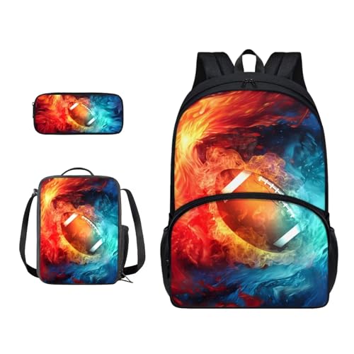 Xoenoiee 3-teiliges Rucksack-Set für Jungen und Mädchen, mit Lunchtasche und Federmäppchen, Schulrucksack-Set für Teenager, Studenten, Fire American Football von Xoenoiee