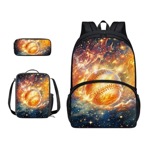 Xoenoiee 3-teiliges Rucksack-Set für Jungen und Mädchen, mit Lunchtasche und Federmäppchen, Schulrucksack-Set für Teenager, Studenten, Fire Baseball Clouds von Xoenoiee