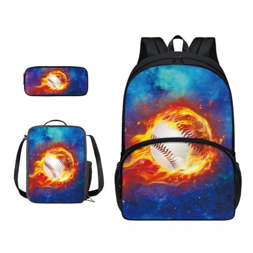 Xoenoiee 3-teiliges Rucksack-Set für Jungen und Mädchen, mit Lunchtasche und Federmäppchen, Schulrucksack-Set für Teenager, Studenten, Fire Baseball Galaxy von Xoenoiee