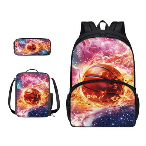 Xoenoiee 3-teiliges Rucksack-Set für Jungen und Mädchen, mit Lunchtasche und Federmäppchen, Schulrucksack-Set für Teenager, Studenten, Fire Basketball Galaxy von Xoenoiee