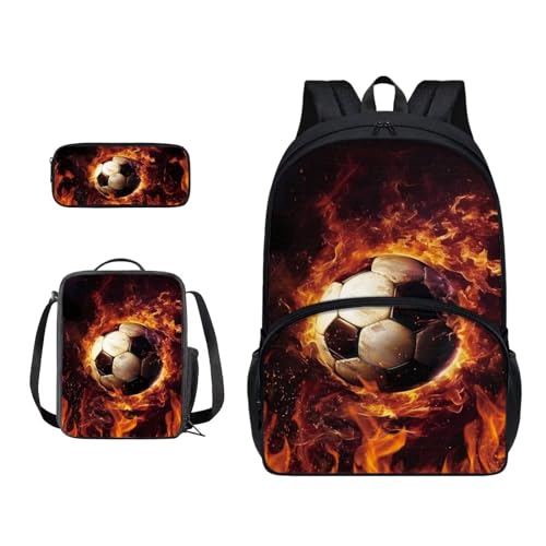 Xoenoiee 3-teiliges Rucksack-Set für Jungen und Mädchen, mit Lunchtasche und Federmäppchen, Schulrucksack-Set für Teenager, Studenten, Fußball und Feuer von Xoenoiee