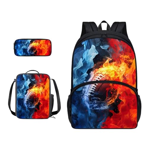 Xoenoiee 3-teiliges Rucksack-Set für Jungen und Mädchen, mit Lunchtasche und Federmäppchen, Schulrucksack-Set für Teenager, Studenten, Red Blue Fire American Football von Xoenoiee