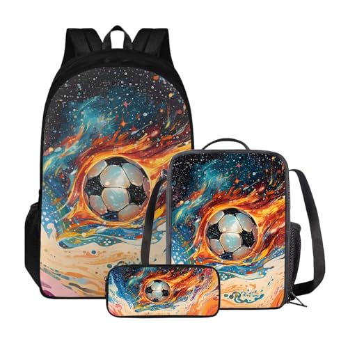 Xoenoiee 3-teiliges Rucksack für Jungen und Mädchen, Schulrucksack-Set mit Lunchtasche und Federmäppchen, großes Fassungsvermögen für Teenager, Studenten, Bunte Fußballfarben von Xoenoiee