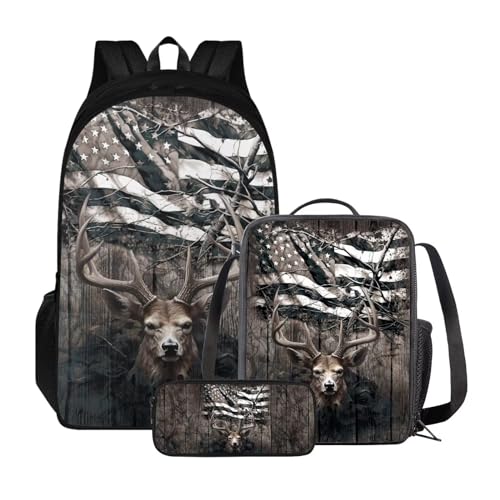 Xoenoiee 3-teiliges Rucksack für Jungen und Mädchen, Schulrucksack-Set mit Lunchtasche und Federmäppchen, großes Fassungsvermögen für Teenager, Studenten, Elchflaggenbaum, Camouflage von Xoenoiee