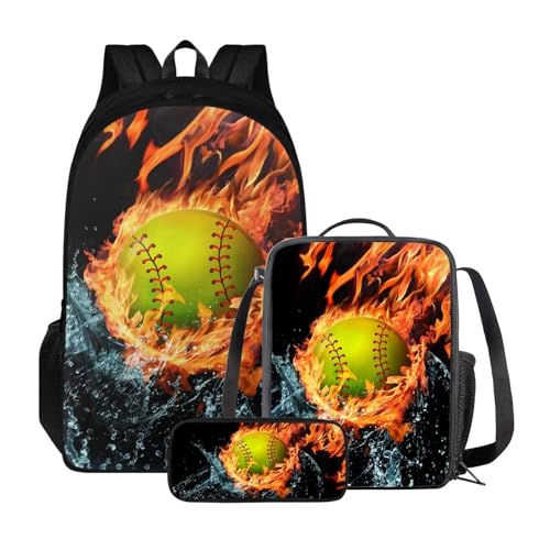 Xoenoiee 3-teiliges Rucksack für Jungen und Mädchen, Schulrucksack-Set mit Lunchtasche und Federmäppchen, großes Fassungsvermögen für Teenager, Studenten, Feuerwasserspritzer Softball von Xoenoiee