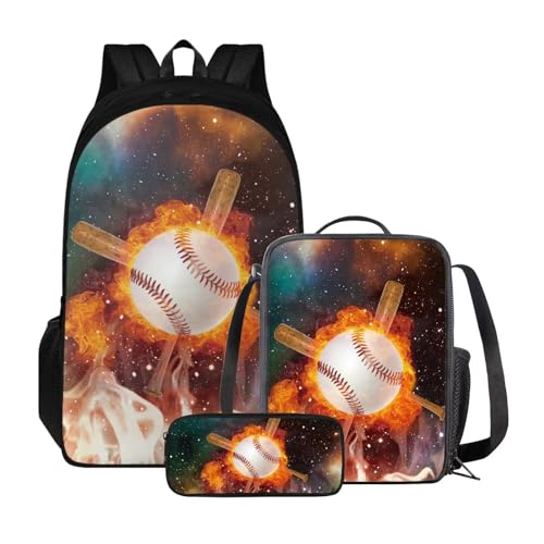 Xoenoiee 3-teiliges Rucksack für Jungen und Mädchen, Schulrucksack-Set mit Lunchtasche und Federmäppchen, großes Fassungsvermögen für Teenager, Studenten, Fire Baseball Galaxy von Xoenoiee