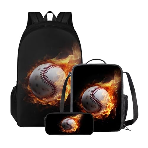 Xoenoiee 3-teiliges Rucksack für Jungen und Mädchen, Schulrucksack-Set mit Lunchtasche und Federmäppchen, großes Fassungsvermögen für Teenager, Studenten, Fire Baseball von Xoenoiee