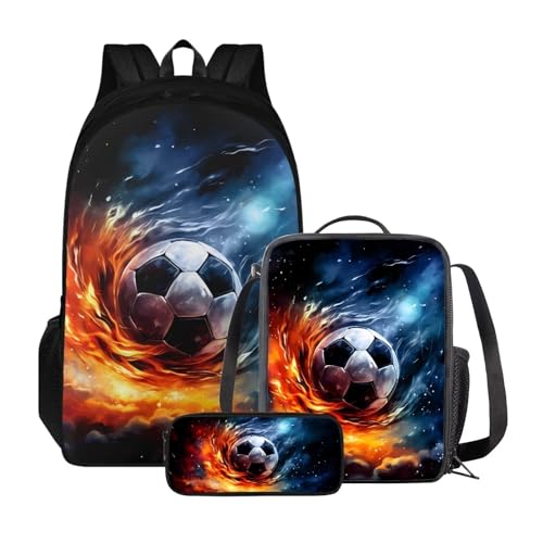 Xoenoiee 3-teiliges Rucksack für Jungen und Mädchen, Schulrucksack-Set mit Lunchtasche und Federmäppchen, großes Fassungsvermögen für Teenager, Studenten, Fire Soccer Galaxy von Xoenoiee