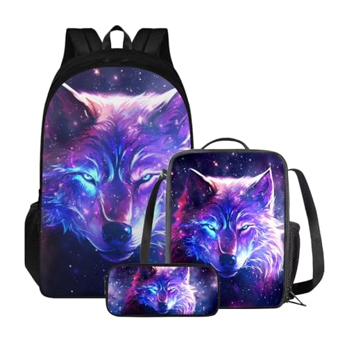 Xoenoiee 3-teiliges Rucksack für Jungen und Mädchen, Schulrucksack-Set mit Lunchtasche und Federmäppchen, großes Fassungsvermögen für Teenager, Studenten, Violette Wolfsgalaxie von Xoenoiee