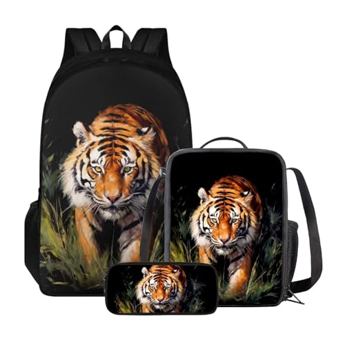 Xoenoiee 3-teiliges Rucksack für Jungen und Mädchen, Schulrucksack-Set mit Lunchtasche und Federmäppchen, großes Fassungsvermögen für Teenager, Studenten, Wilder Tiger von Xoenoiee