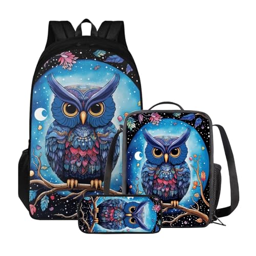 Xoenoiee 3-teiliges Rucksack für Jungen und Mädchen, Schulrucksack-Set mit Lunchtasche und Federmäppchen, großes Fassungsvermögen für Teenager, Studenten, blaue eule von Xoenoiee