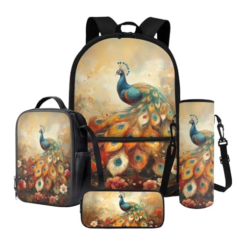 Xoenoiee 4-teiliges Rucksack-Set mit Thermo-Lunch-Tasche, Wasserflaschenhalter, Federmäppchen, Schulbedarf für Kinder, Bemaltes Pfauenblumen, Einheitsgröße, Schulranzen-Set von Xoenoiee