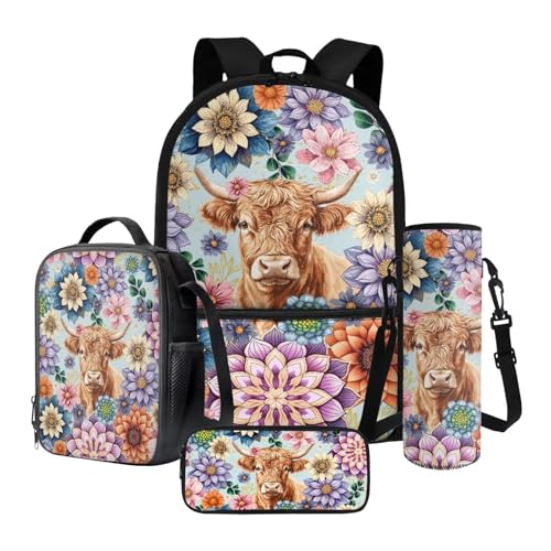 Xoenoiee 4-teiliges Rucksack-Set mit Thermo-Lunch-Tasche, Wasserflaschenhalter, Federmäppchen, Schulbedarf für Kinder, Boho Mandala Highland Cattle, Einheitsgröße, Schulranzen-Set von Xoenoiee