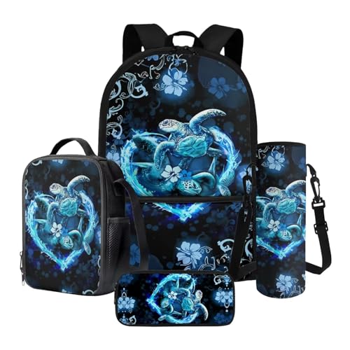 Xoenoiee 4-teiliges Rucksack-Set mit Thermo-Lunch-Tasche, Wasserflaschenhalter, Federmäppchen, Schulbedarf für Kinder, Schildkrötenherz, Blumen, Einheitsgröße, Schulranzen-Set von Xoenoiee