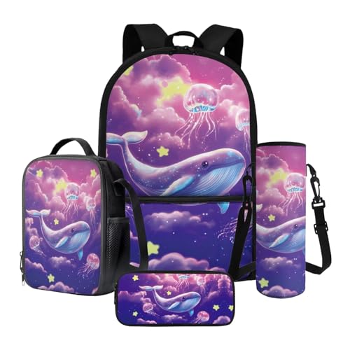 Xoenoiee 4-teiliges Rucksack-Set mit Thermo-Lunch-Tasche, Wasserflaschenhalter, Federmäppchen, Schulbedarf für Kinder, Wal Quallen Wolke Pink, Einheitsgröße, Schulranzen-Set von Xoenoiee