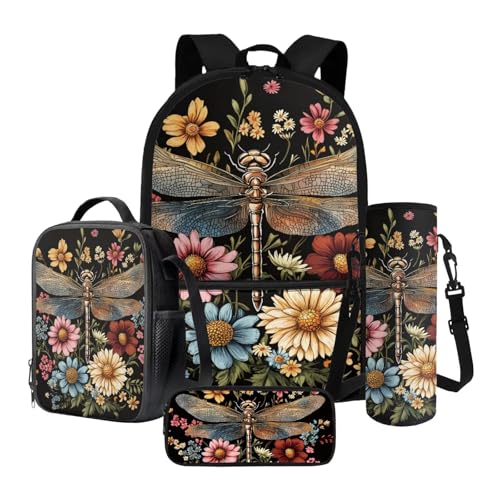 Xoenoiee 4-teiliges Schulranzen-Set mit großem Rucksack mit Lunchbox, Federmäppchen und Wasserflaschenhalter für Teenager, Jungen, Mädchen, Libelle Retro Gänseblümchen Floral, Einheitsgröße von Xoenoiee