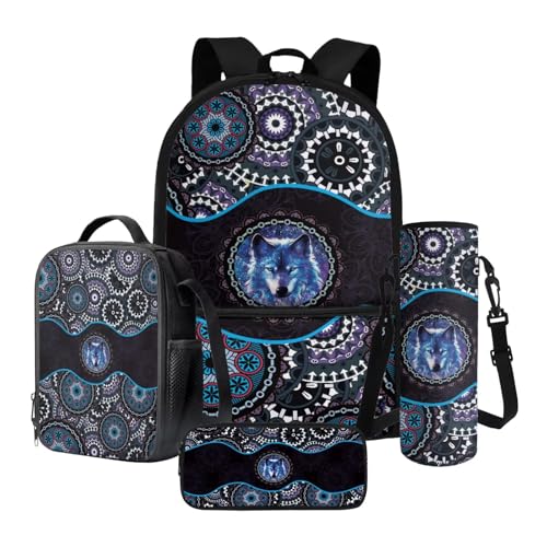 Xoenoiee 4-teiliges Schultaschen-Set für Jungen und Mädchen, großer Rucksack, Lunchbox mit Wasserflaschenhalter, Tasche und Federmäppchen, Boho Mandala Wolf, Einheitsgröße, Schulranzen-Set von Xoenoiee