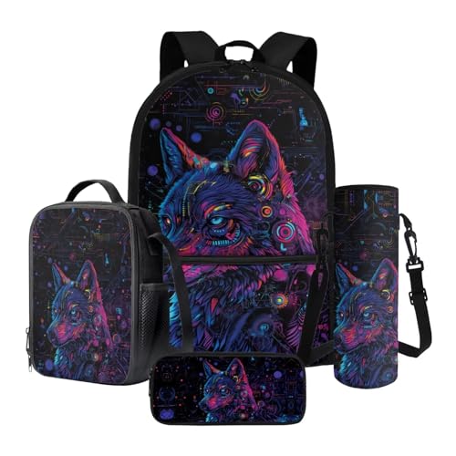 Xoenoiee 4-teiliges Schultaschen-Set für Jungen und Mädchen, großer Rucksack, Lunchbox mit Wasserflaschenhalter, Tasche und Federmäppchen, Cyber Punk Wolf, Einheitsgröße, Schulranzen-Set von Xoenoiee