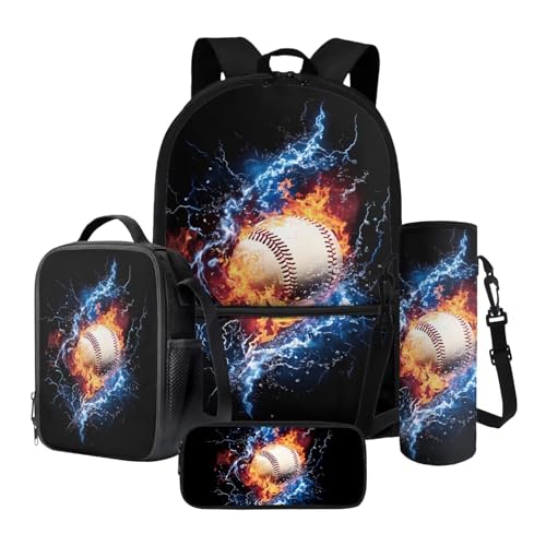 Xoenoiee 43,2 cm großer Rucksack + Thermo-Lunch-Tasche + Wasserflaschenträger 4-teiliges Set, Schulbedarf, Bälle-Muster, Baseball-Feuerwasser, Einheitsgröße, Schulranzen-Set von Xoenoiee