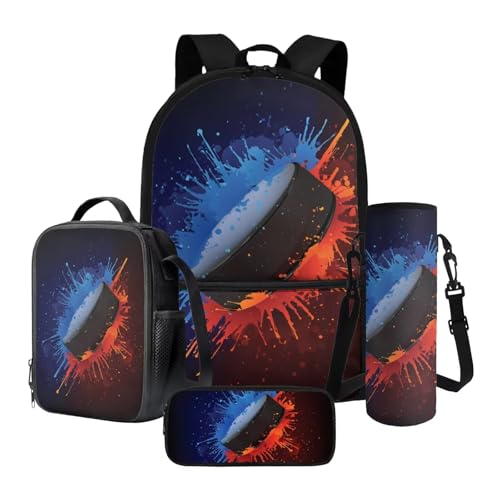 Xoenoiee 43,2 cm großer Rucksack + Thermo-Lunch-Tasche + Wasserflaschenträger 4-teiliges Set, Schulbedarf, Bälle-Muster, Farbige Farbspritzer Eishockey, Einheitsgröße, Schulranzen-Set von Xoenoiee