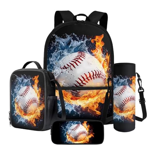 Xoenoiee 43,2 cm großer Rucksack + Thermo-Lunch-Tasche + Wasserflaschenträger 4-teiliges Set, Schulbedarf, Bälle-Muster, Feuer- und Wasser-Baseball, Einheitsgröße, Schulranzen-Set von Xoenoiee