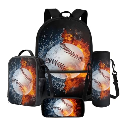 Xoenoiee 43,2 cm großer Rucksack + Thermo-Lunch-Tasche + Wasserflaschenträger 4-teiliges Set, Schulbedarf, Bälle-Muster, Feuerwasser-Baseball, Einheitsgröße, Schulranzen-Set von Xoenoiee