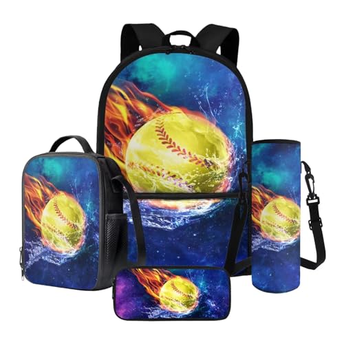 Xoenoiee 43,2 cm großer Rucksack + Thermo-Lunch-Tasche + Wasserflaschenträger 4-teiliges Set, Schulbedarf, Bälle-Muster, Feuerwasser-Softball Galaxie, Einheitsgröße, Schulranzen-Set von Xoenoiee