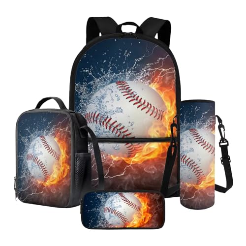 Xoenoiee 43,2 cm großer Rucksack + Thermo-Lunch-Tasche + Wasserflaschenträger 4-teiliges Set, Schulbedarf, Bälle-Muster, Feuerwasserspritzer Baseball, Einheitsgröße, Schulranzen-Set von Xoenoiee