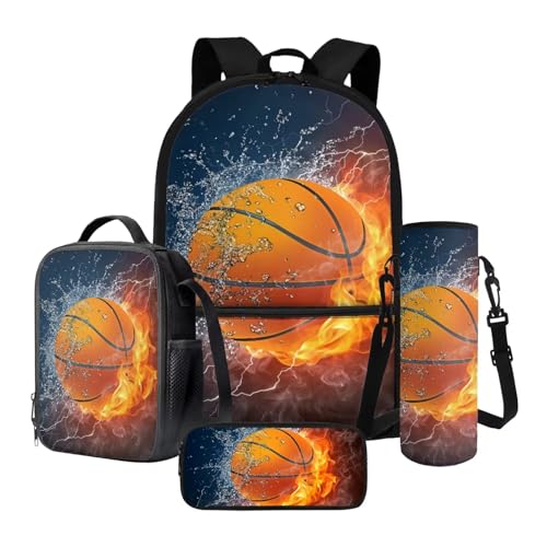 Xoenoiee 43,2 cm großer Rucksack + Thermo-Lunch-Tasche + Wasserflaschenträger 4-teiliges Set, Schulbedarf, Bälle-Muster, Feuerwasserspritzer Basketball, Einheitsgröße, Schulranzen-Set von Xoenoiee