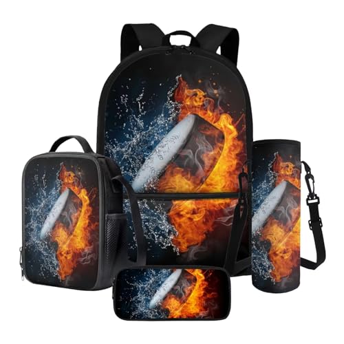Xoenoiee 43,2 cm großer Rucksack + Thermo-Lunch-Tasche + Wasserflaschenträger 4-teiliges Set, Schulbedarf, Bälle-Muster, Feuerwasserspritzer Eishockey, Einheitsgröße, Schulranzen-Set von Xoenoiee