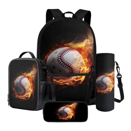 Xoenoiee 43,2 cm großer Rucksack + Thermo-Lunch-Tasche + Wasserflaschenträger 4-teiliges Set, Schulbedarf, Bälle-Muster, Fire Baseball, Einheitsgröße, Schulranzen-Set von Xoenoiee