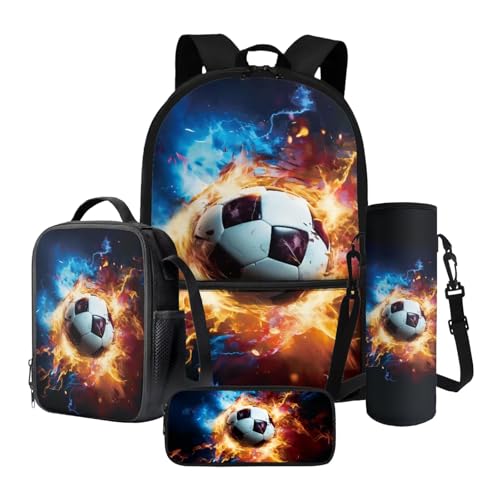 Xoenoiee 43,2 cm großer Rucksack + Thermo-Lunch-Tasche + Wasserflaschenträger 4-teiliges Set, Schulbedarf, Bälle-Muster, Fire Soccer Ball Galaxy, Einheitsgröße, Schulranzen-Set von Xoenoiee