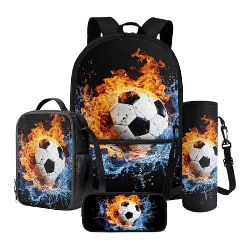 Xoenoiee 43,2 cm großer Rucksack + Thermo-Lunch-Tasche + Wasserflaschenträger 4-teiliges Set, Schulbedarf, Bälle-Muster, Wasser- und Feuer-Fußball, Einheitsgröße, Schulranzen-Set von Xoenoiee