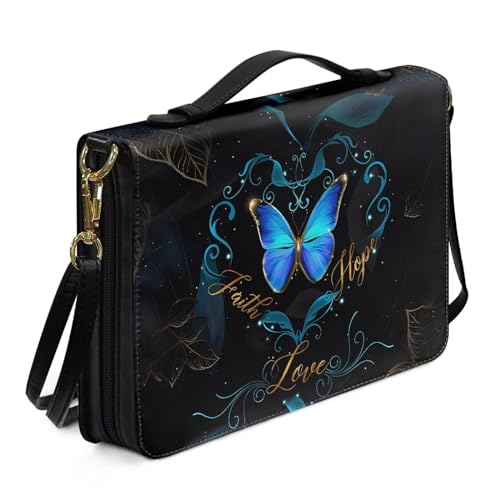 Xoenoiee Bibelhülle für Damen, Bibelhüllen für Herren, Leder, Bibel-Tragetasche, Bibelzubehör mit abnehmbarem Riemen, Blauer Schmetterling, Glaube, Hoffnung, Liebe, XX-Large von Xoenoiee