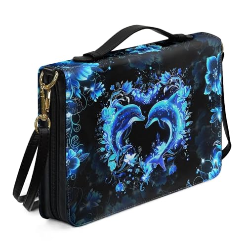 Xoenoiee Bibelhülle für Damen und Herren, Leder-Bibelbuch-Tragetasche mit abnehmbarem Riemen, Kirchentasche, Buchhüllen, Blaues Delfin-Herz, floral, M von Xoenoiee