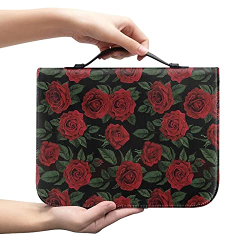 Xoenoiee Bibelhülle mit roten Rosen, schwarzer Druck, mit Griffen, Reißverschluss, Bibeltragetasche für Damen und Herren, Bibeltasche für Kinder, Bibelbuchhülle, Bibelzubehör, L von Xoenoiee