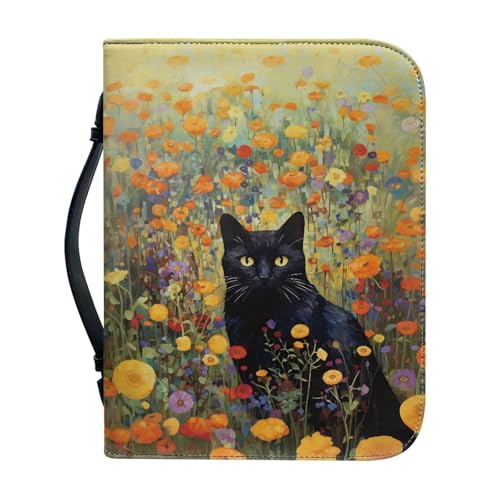 Xoenoiee Bibelhülle mit schwarzem Katzendruck, für Damen, Bibelhülle mit Griff und Reißverschluss, Bibeltasche für Herren, Bibeltasche mit Stiftfächern, Größe L von Xoenoiee