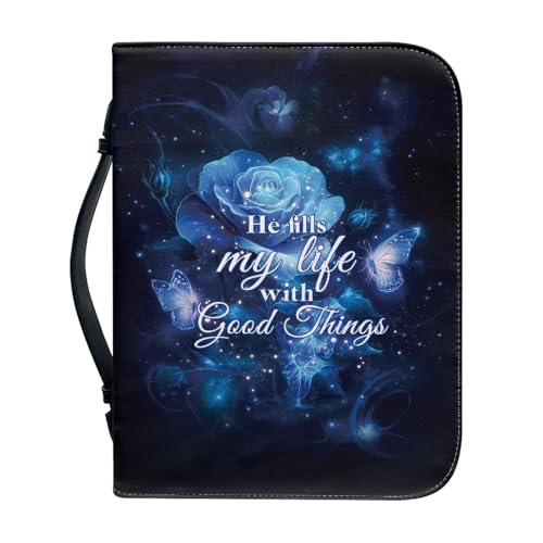 Xoenoiee Blaue Bibelhülle mit Schmetterlings-Rosen-Druck, Griff und Reißverschluss, He Fills My Life with Good Things, Kirchentasche, Geschenk für Damen und Herren, Größe XXL von Xoenoiee