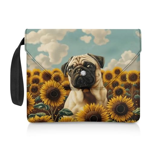 Xoenoiee Buchhülle mit Mops-Motiv, Sonnenblumen-Druck, für Buchliebhaber, Buchhüllen für Taschenbücher, Buchschutztasche mit Knopf, Buchhülle für Lehrer, Studenten von Xoenoiee