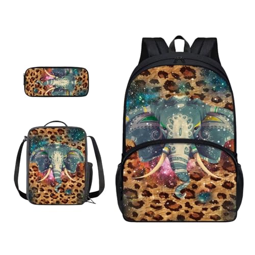 Xoenoiee Büchertasche + Lunchbox + Federmäppchen für Schüler, Schultasche, Rucksack-Set für Jungen und Mädchen, 3-teilig, Elefant und Leopard von Xoenoiee