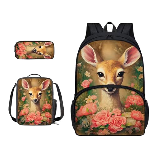 Xoenoiee Büchertasche + Lunchbox + Federmäppchen für Schüler, Schultasche, Rucksack-Set für Jungen und Mädchen, 3-teilig, Giraffe und rosa Blume von Xoenoiee