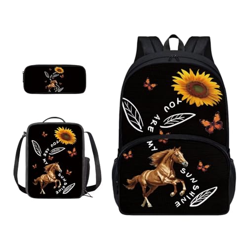 Xoenoiee Büchertasche + Lunchbox + Federmäppchen für Schüler, Schultasche, Rucksack-Set für Jungen und Mädchen, 3-teilig, Pferd Sonnenblume und Schmetterling von Xoenoiee