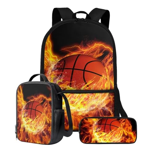 Xoenoiee Büchertasche + Lunchbox + Federmäppchen für Studenten, 43,2 cm, große Schultasche, Rucksack-Set für Jungen und Mädchen, 3-teilig, Basketball mit Feuer von Xoenoiee