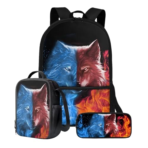 Xoenoiee Büchertasche + Lunchbox + Federmäppchen für Studenten, 43,2 cm, große Schultasche, Rucksack-Set für Jungen und Mädchen, 3-teilig, Blauer roter Feuerwolf von Xoenoiee